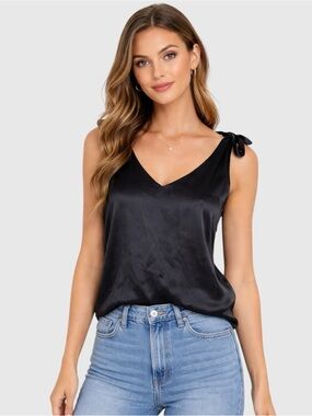 Ayres Silk Satin Black Tie shoulder V Neck Tank Top Camisole Size Medium